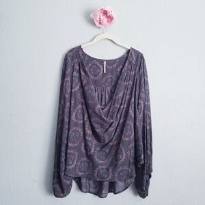 Free People Cowling Around Gray Floral Paisley Long Sleeve Blouse
